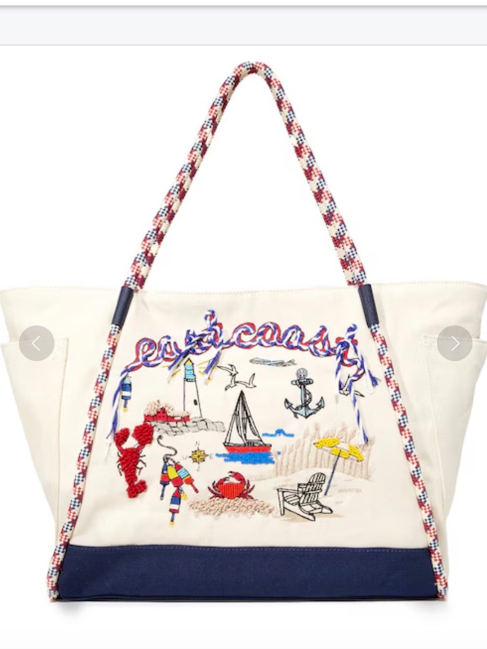 Tory Burch East Coast Embroidered Canvas Tote Ivory Navy